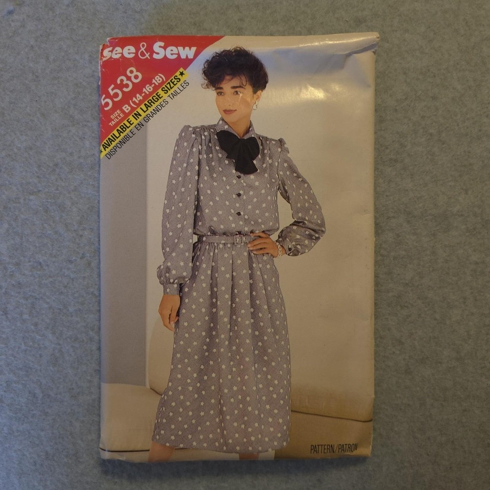 See & Sew 5538 Dress Pattern Sz 14-18 Long Sleeve Bow Tie Neck Uncut Vintage 80s